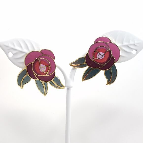 Vintage Laurel Burch "Deco Rose" Earrings, Gold Cloisonne Posts, Gold Plated - Picture 2 of 10